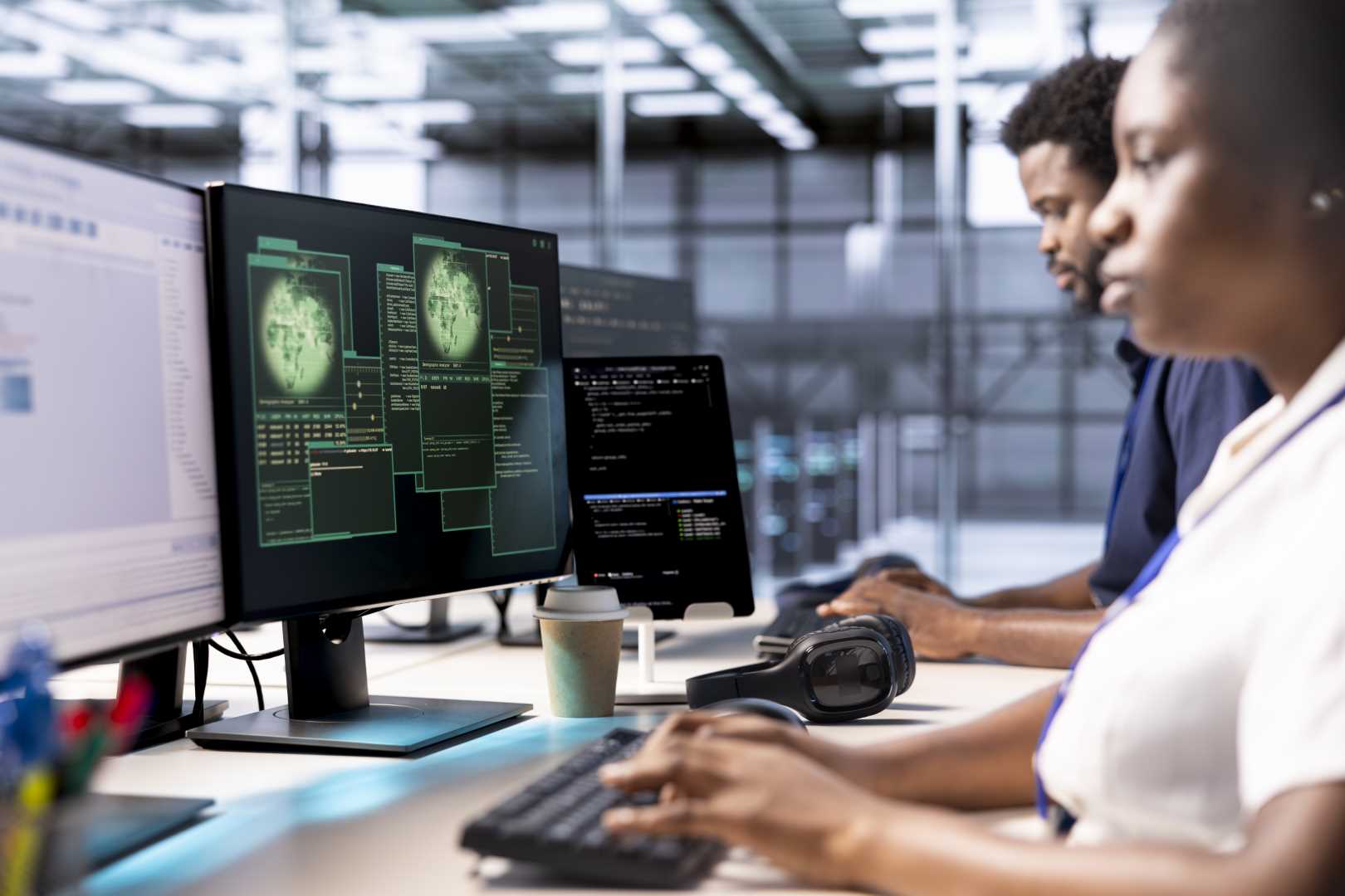 Cybersecurity specialist monitoring security incidents affecting server hub network. Programmer in data center office protecting company critical infrastructure from cyber threats